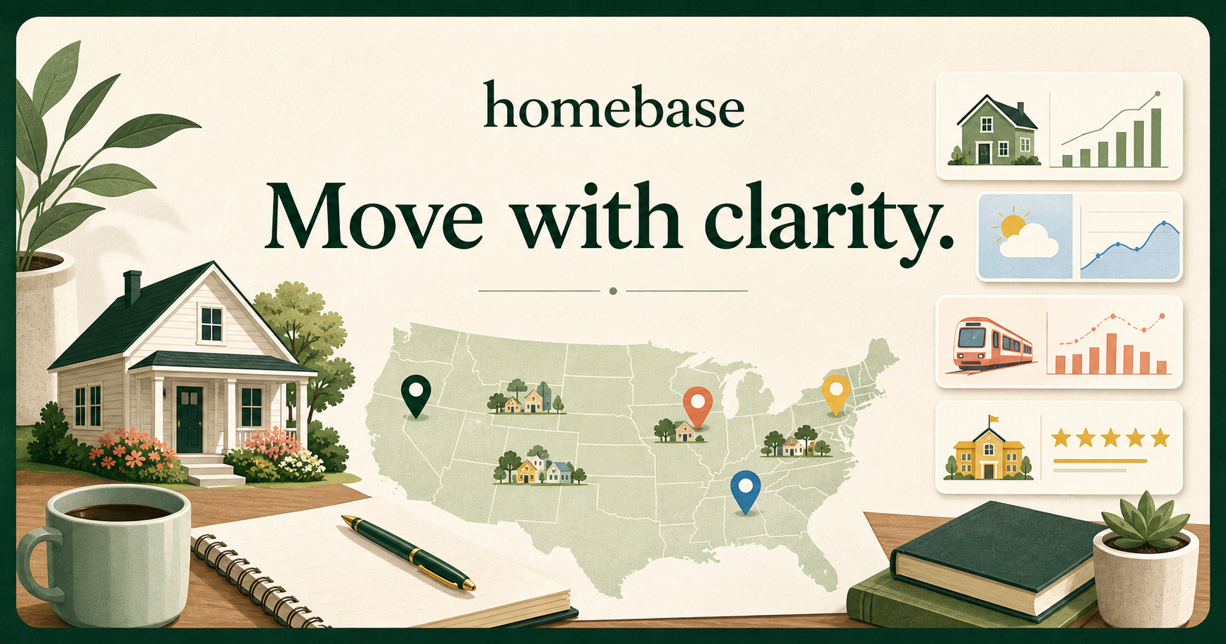 Illustrated Settle Clarity moving workspace with a house, a U.S. map, location pins, and moving-research cards.
